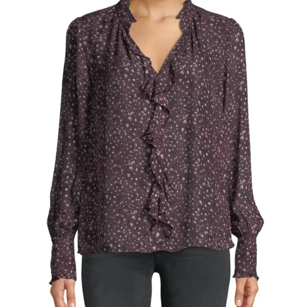 Parker Tilly Printed Ruffle Combo Blouse Sz M Dark Burgundy - Picture 1 of 10